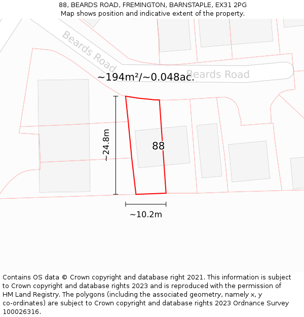 88, BEARDS ROAD, FREMINGTON, BARNSTAPLE, EX31 2PG: Plot and title map