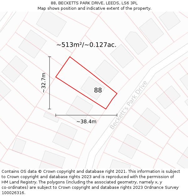 88, BECKETTS PARK DRIVE, LEEDS, LS6 3PL: Plot and title map