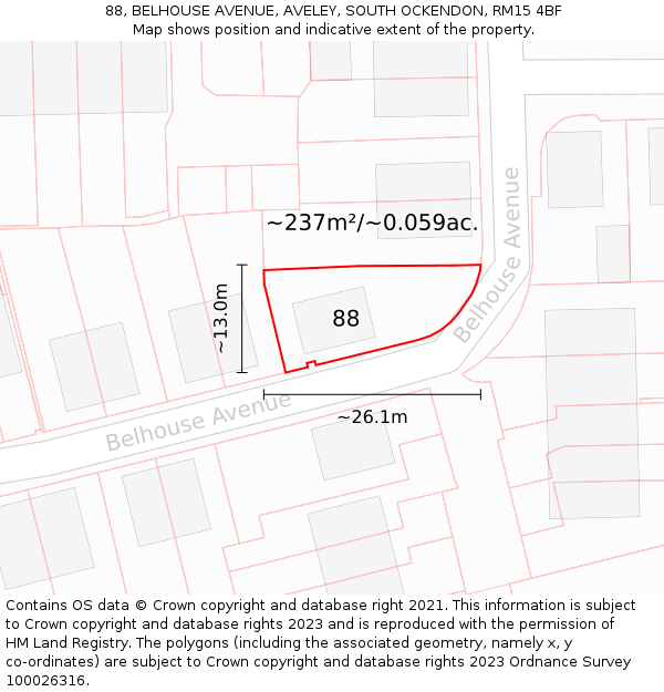 88, BELHOUSE AVENUE, AVELEY, SOUTH OCKENDON, RM15 4BF: Plot and title map