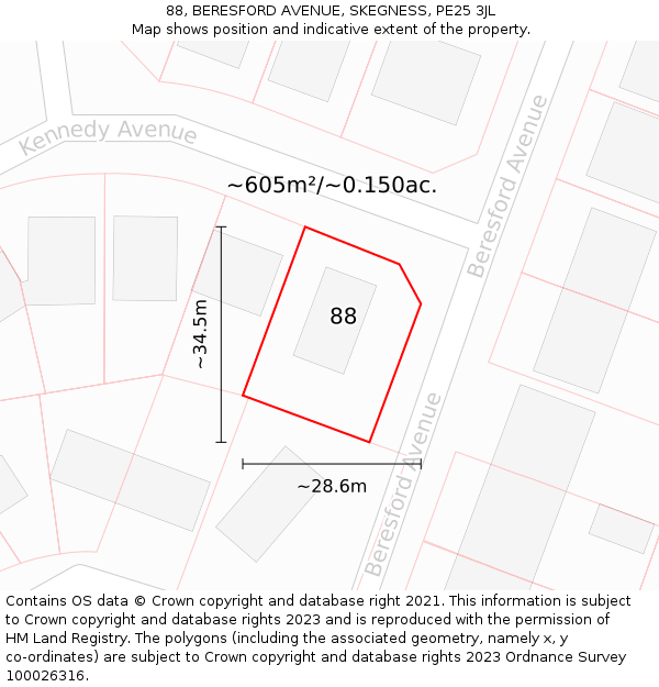 88, BERESFORD AVENUE, SKEGNESS, PE25 3JL: Plot and title map