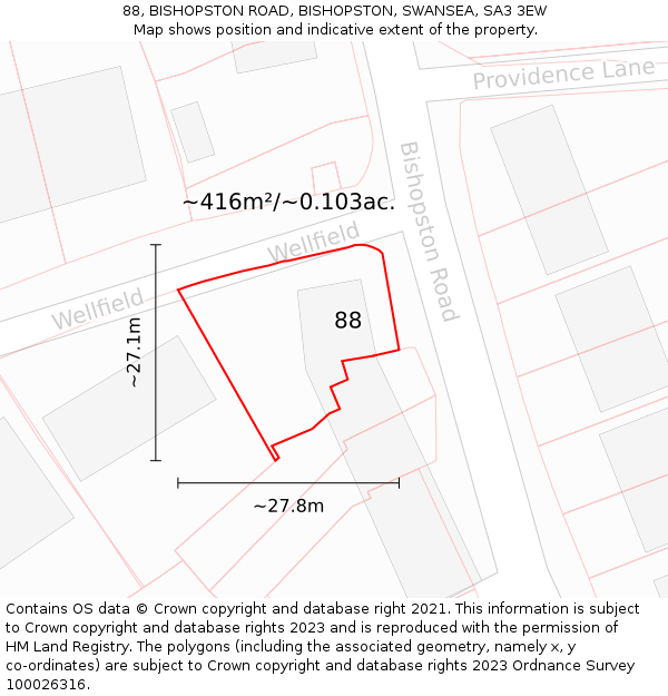 88, BISHOPSTON ROAD, BISHOPSTON, SWANSEA, SA3 3EW: Plot and title map