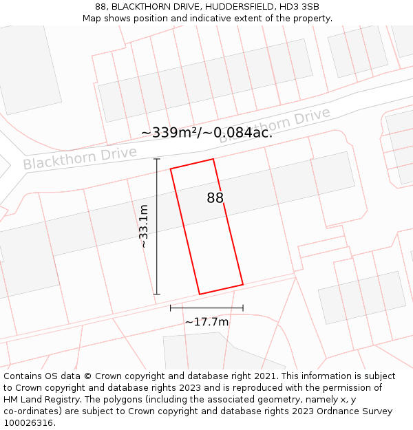 88, BLACKTHORN DRIVE, HUDDERSFIELD, HD3 3SB: Plot and title map