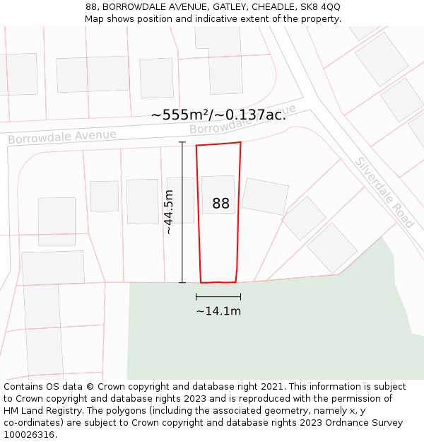 88, BORROWDALE AVENUE, GATLEY, CHEADLE, SK8 4QQ: Plot and title map