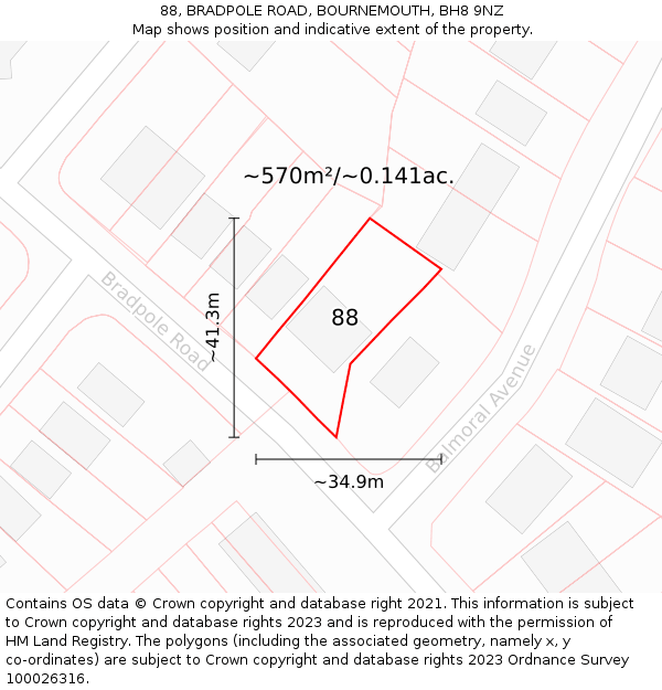 88, BRADPOLE ROAD, BOURNEMOUTH, BH8 9NZ: Plot and title map