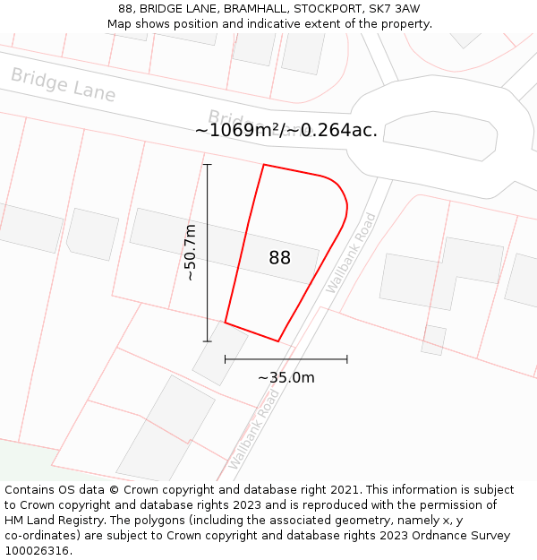 88, BRIDGE LANE, BRAMHALL, STOCKPORT, SK7 3AW: Plot and title map