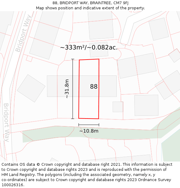 88, BRIDPORT WAY, BRAINTREE, CM7 9FJ: Plot and title map