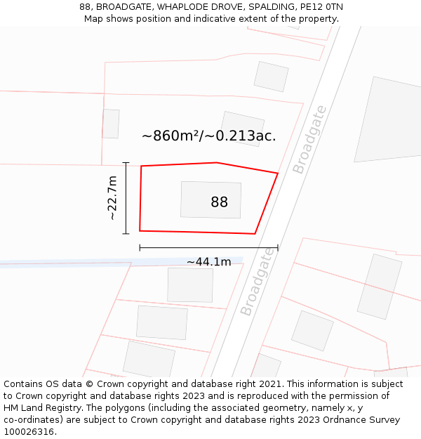 88, BROADGATE, WHAPLODE DROVE, SPALDING, PE12 0TN: Plot and title map