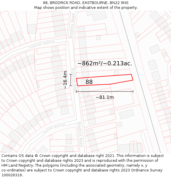 88, BRODRICK ROAD, EASTBOURNE, BN22 9NS: Plot and title map
