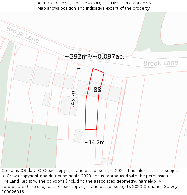 88, BROOK LANE, GALLEYWOOD, CHELMSFORD, CM2 8NN: Plot and title map
