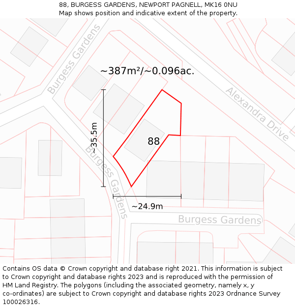 88, BURGESS GARDENS, NEWPORT PAGNELL, MK16 0NU: Plot and title map