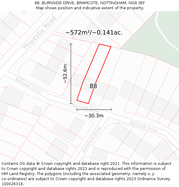 88, BURNSIDE DRIVE, BRAMCOTE, NOTTINGHAM, NG9 3EF: Plot and title map