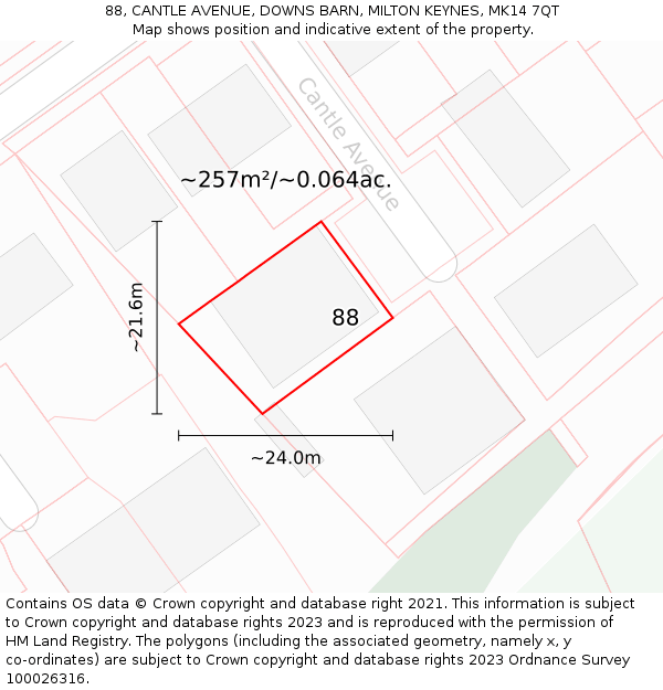 88, CANTLE AVENUE, DOWNS BARN, MILTON KEYNES, MK14 7QT: Plot and title map