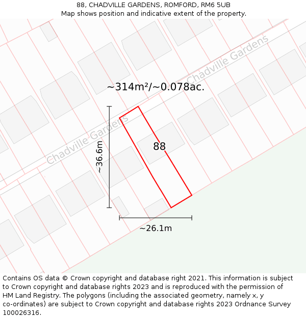 88, CHADVILLE GARDENS, ROMFORD, RM6 5UB: Plot and title map