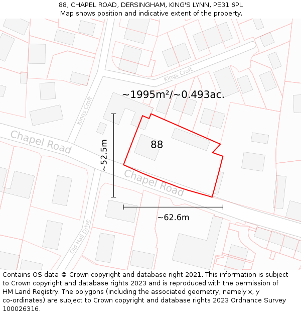 88, CHAPEL ROAD, DERSINGHAM, KING'S LYNN, PE31 6PL: Plot and title map