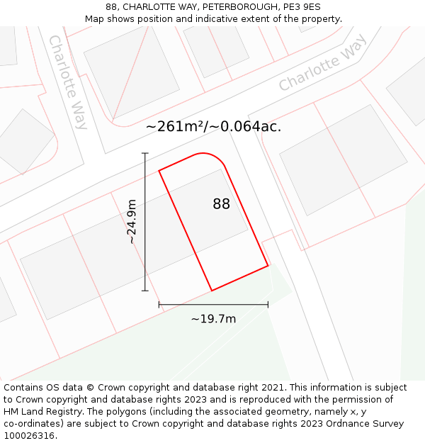 88, CHARLOTTE WAY, PETERBOROUGH, PE3 9ES: Plot and title map