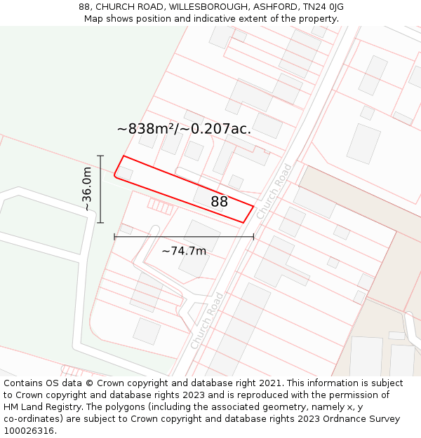 88, CHURCH ROAD, WILLESBOROUGH, ASHFORD, TN24 0JG: Plot and title map