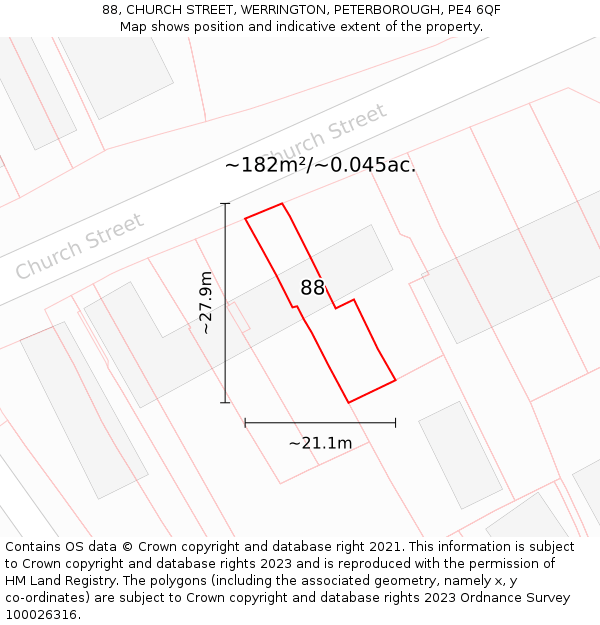 88, CHURCH STREET, WERRINGTON, PETERBOROUGH, PE4 6QF: Plot and title map