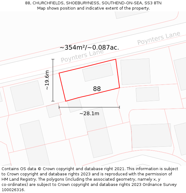 88, CHURCHFIELDS, SHOEBURYNESS, SOUTHEND-ON-SEA, SS3 8TN: Plot and title map