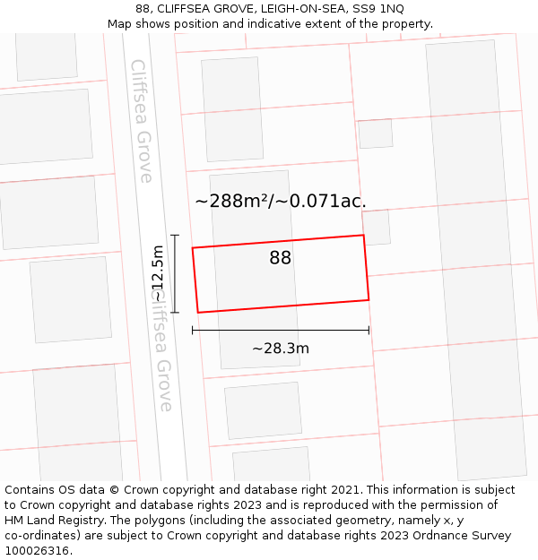 88, CLIFFSEA GROVE, LEIGH-ON-SEA, SS9 1NQ: Plot and title map