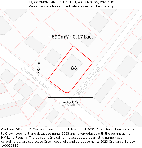 88, COMMON LANE, CULCHETH, WARRINGTON, WA3 4HG: Plot and title map