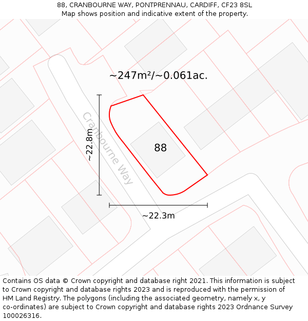 88, CRANBOURNE WAY, PONTPRENNAU, CARDIFF, CF23 8SL: Plot and title map