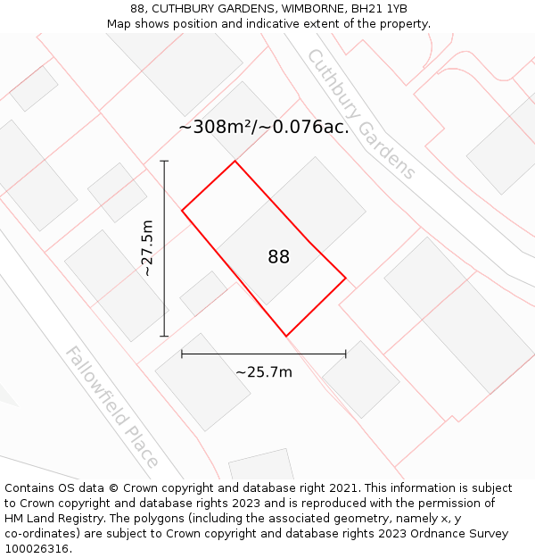 88, CUTHBURY GARDENS, WIMBORNE, BH21 1YB: Plot and title map