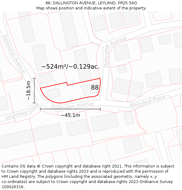 88, DALLINGTON AVENUE, LEYLAND, PR25 5AG: Plot and title map