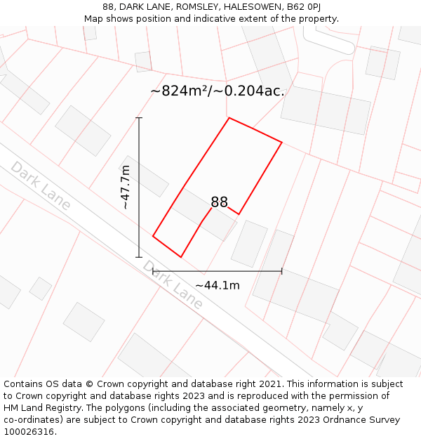 88, DARK LANE, ROMSLEY, HALESOWEN, B62 0PJ: Plot and title map