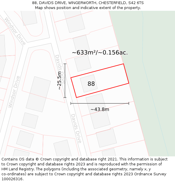 88, DAVIDS DRIVE, WINGERWORTH, CHESTERFIELD, S42 6TS: Plot and title map