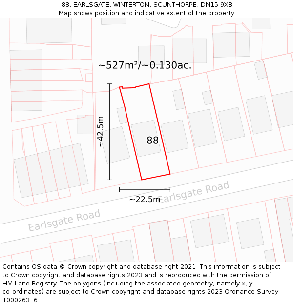 88, EARLSGATE, WINTERTON, SCUNTHORPE, DN15 9XB: Plot and title map