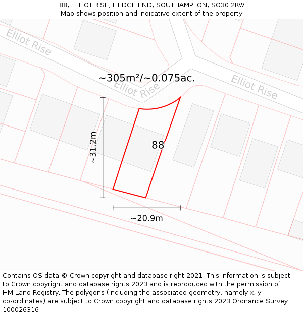 88, ELLIOT RISE, HEDGE END, SOUTHAMPTON, SO30 2RW: Plot and title map