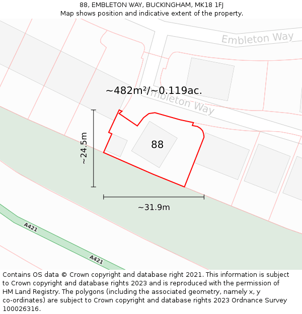 88, EMBLETON WAY, BUCKINGHAM, MK18 1FJ: Plot and title map