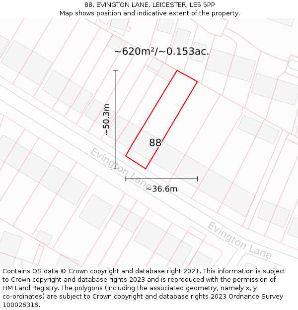 88, EVINGTON LANE, LEICESTER, LE5 5PP: Plot and title map