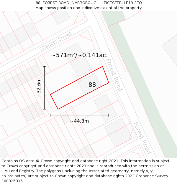88, FOREST ROAD, NARBOROUGH, LEICESTER, LE19 3EQ: Plot and title map