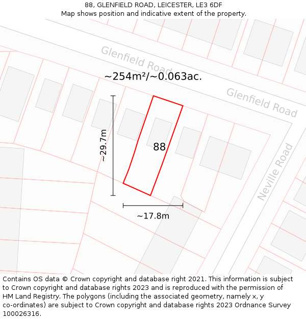 88, GLENFIELD ROAD, LEICESTER, LE3 6DF: Plot and title map