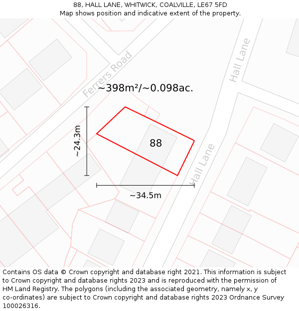88, HALL LANE, WHITWICK, COALVILLE, LE67 5FD: Plot and title map