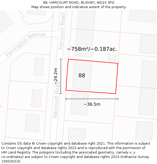 88, HARCOURT ROAD, BUSHEY, WD23 3PG: Plot and title map