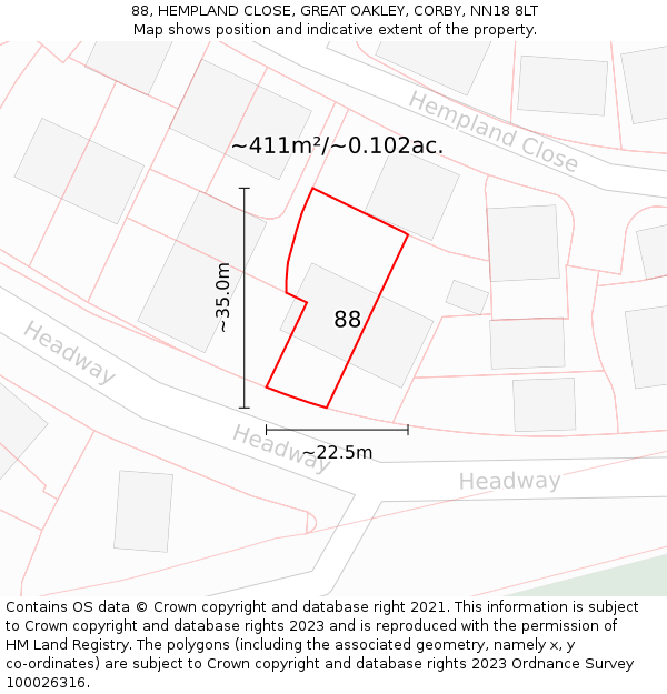 88, HEMPLAND CLOSE, GREAT OAKLEY, CORBY, NN18 8LT: Plot and title map