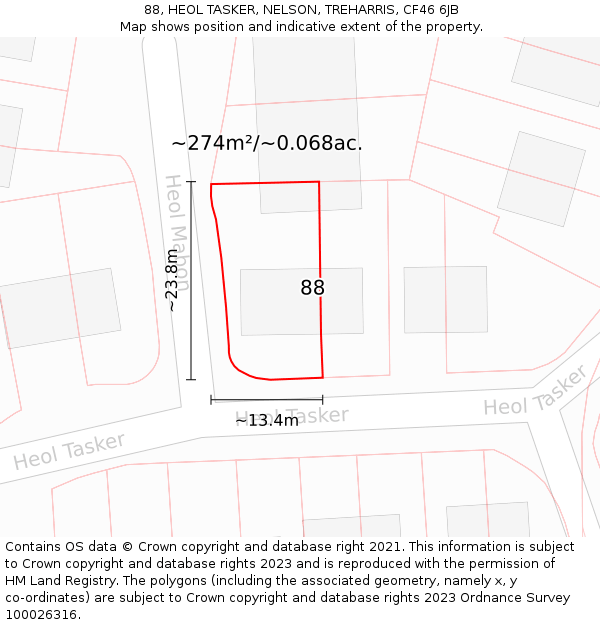 88, HEOL TASKER, NELSON, TREHARRIS, CF46 6JB: Plot and title map