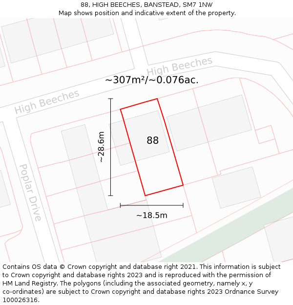 88, HIGH BEECHES, BANSTEAD, SM7 1NW: Plot and title map