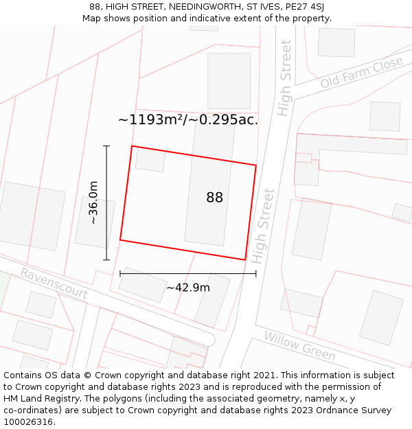 88, HIGH STREET, NEEDINGWORTH, ST IVES, PE27 4SJ: Plot and title map