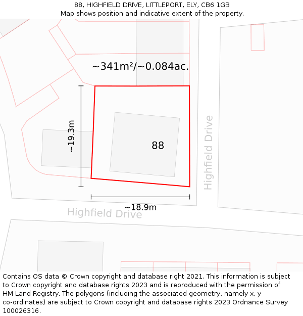 88, HIGHFIELD DRIVE, LITTLEPORT, ELY, CB6 1GB: Plot and title map