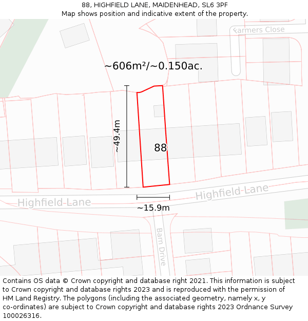 88, HIGHFIELD LANE, MAIDENHEAD, SL6 3PF: Plot and title map