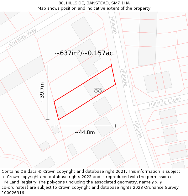 88, HILLSIDE, BANSTEAD, SM7 1HA: Plot and title map