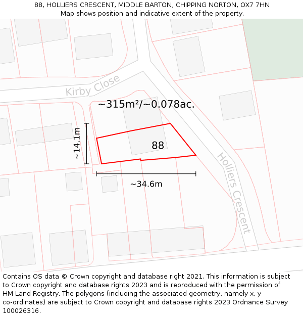 88, HOLLIERS CRESCENT, MIDDLE BARTON, CHIPPING NORTON, OX7 7HN: Plot and title map