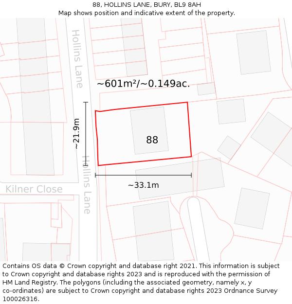 88, HOLLINS LANE, BURY, BL9 8AH: Plot and title map