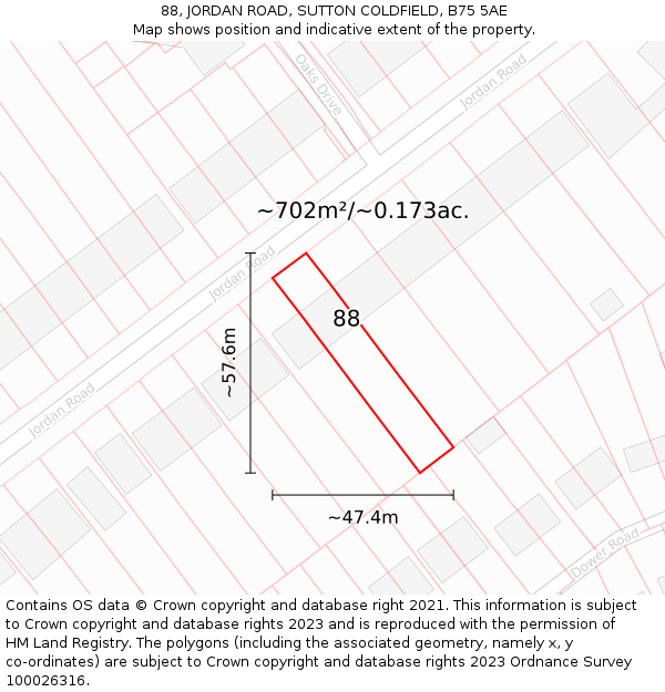 88, JORDAN ROAD, SUTTON COLDFIELD, B75 5AE: Plot and title map
