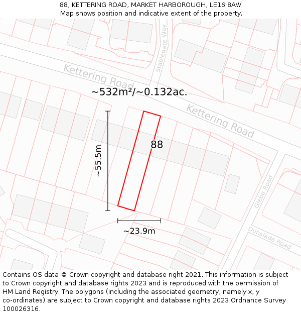 88, KETTERING ROAD, MARKET HARBOROUGH, LE16 8AW: Plot and title map