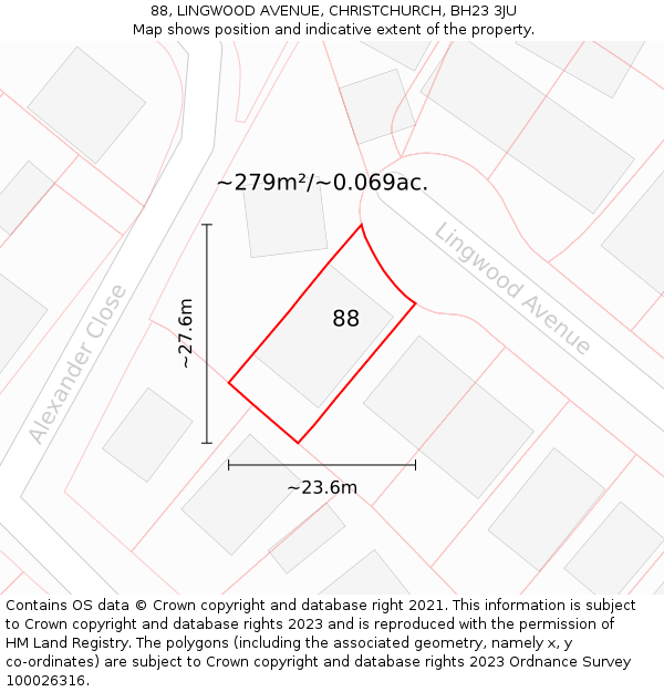 88, LINGWOOD AVENUE, CHRISTCHURCH, BH23 3JU: Plot and title map