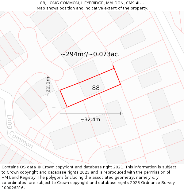 88, LONG COMMON, HEYBRIDGE, MALDON, CM9 4UU: Plot and title map